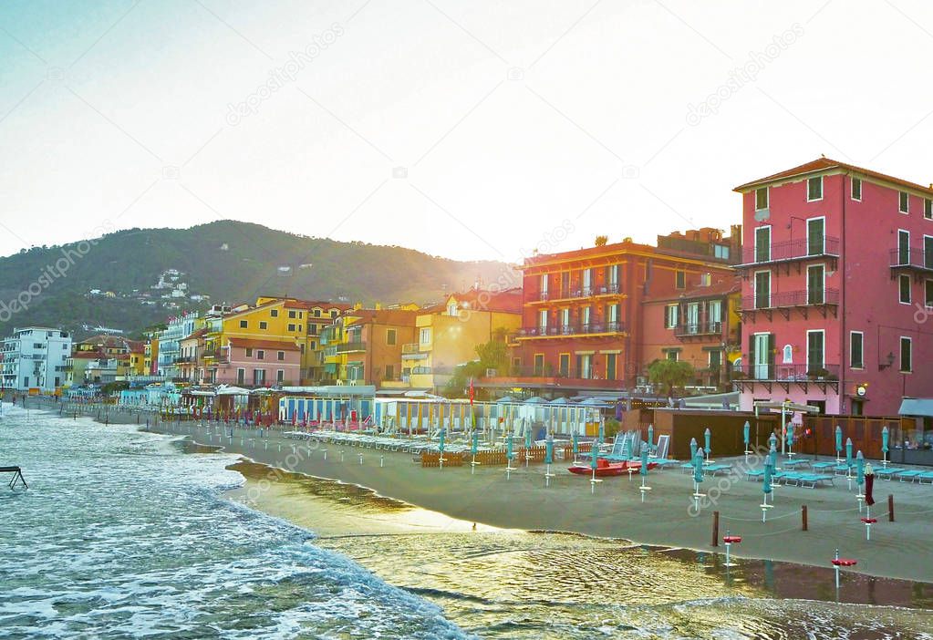 Beautiful view of the sea and the town of Alassio with colorful buildings, Liguria, Italian Riviera, region San Remo, Cote d'Azur, Italy