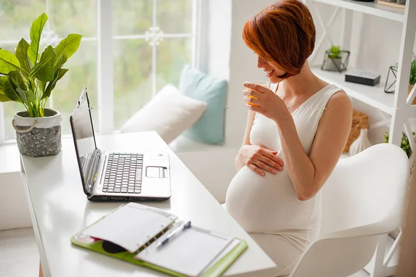 Bilgisayarda çalışan hamile bir kadın. Hamile bir iş kadınının laptopta bir şeyler yazması.