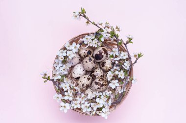 Pembe arka planda çiçekler olan sepetteki bıldırcın yumurtaları. Yatay fotoğraf. Üst Manzara Flatley. Fotoğrafın ortasındaki nesne..