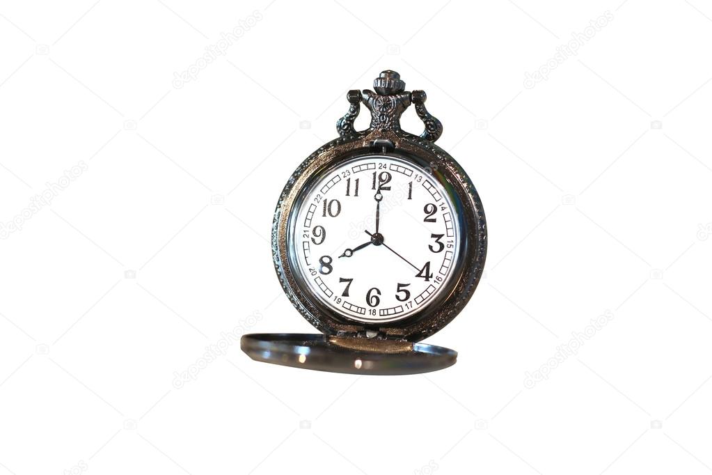 Isolated luxury vintage black pocket watch on white background, , abstract for time concept