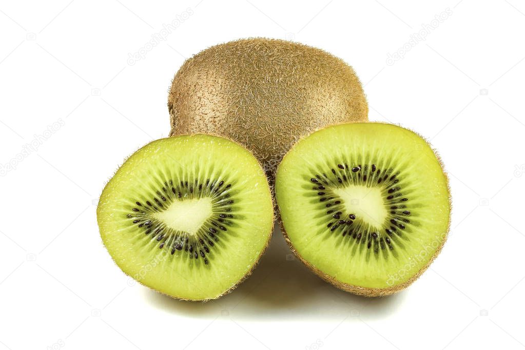 Close up macro kiwi fruit slices cut isolated on white background 