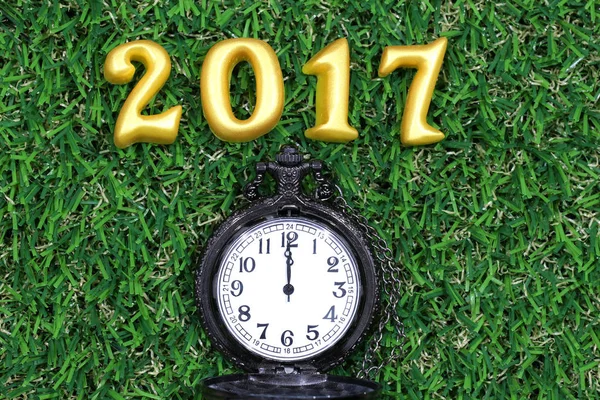 2017 real 3d objects on green grass with luxury pocket watch, happy new year concept — Stock Photo, Image