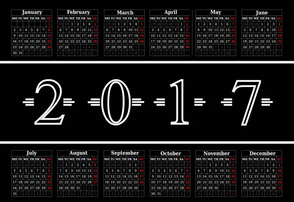 Calendar for 2017 on black background — Stock Vector