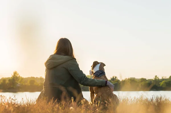 Jovem mulher e cão desfrutar de vista da natureza ao amanhecer perto do lago — Fotografia de Stock