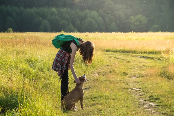 Jovem mulher com cão em um passeio no campo em um dia ensolarado — Fotografia de Stock