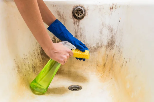 Sünger ve temiz banyo küveti mantar, kir ve küf kaplı deterjan ile sprey mavi kauçuk işçi el eldiven eller