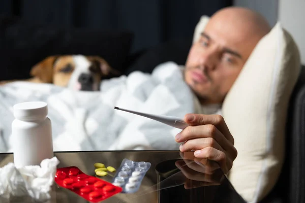 Jeune homme malade mesure la température couché sur le canapé avec son chien . — Photo