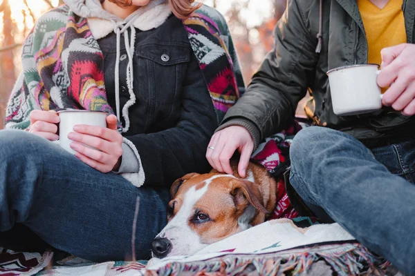 Dos personas que pasan un rato encantador al aire libre con una mascota en otoño — Foto de Stock