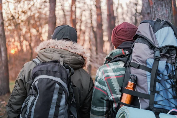 Descanso activo al aire libre: dos personas con grandes mochilas miran el atardecer en el bosque . —  Fotos de Stock
