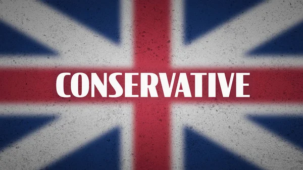 Affiche politique britannique - le mot "conservateur" sur le drapeau flou de Union Jack . — Photo