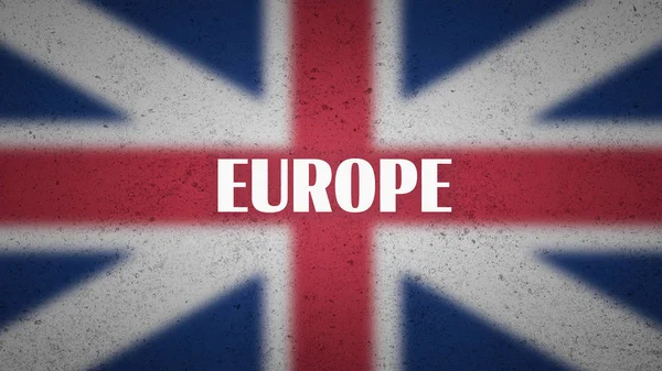 Uk policy poster - slovo "Evropa" na rozmazané vlajce Union Jack. — Stock fotografie
