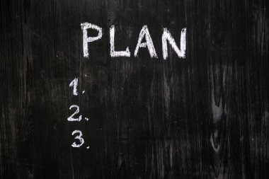 Tahtaya tebeşirle yazılmış plan listesi. Kara tahta arka planı ve planlanmış görevlerin listesi, üst görünüm. Zaman yönetimi, kendi kendini düzenleme kavramı.