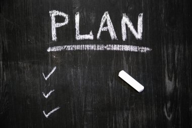 Tahtaya tebeşirle yazılmış bir kelime planla. Kara tahta arka planı ve planlanmış görevlerin listesi, üst görünüm. Zaman yönetimi, kendi kendini düzenleme kavramı.