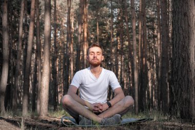 Genç adam modern teknolojiyi kullanarak ormanda meditasyon yapıyor. Aktif adam çam ağacında oturuyor ve dışarıda meditasyonun tadını çıkarıyor..
