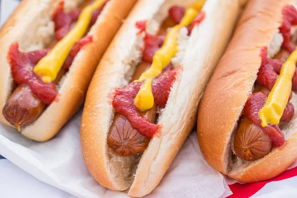Hot Dogs Ketchup Mustard Close View Typical American Fast Food — Stock Photo, Image