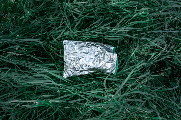 Πλαστική Τσάντα Πράσινο Γρασίδι Έννοια Της Ρύπανσης Της Φύσης Κομμάτι — Φωτογραφία Αρχείου