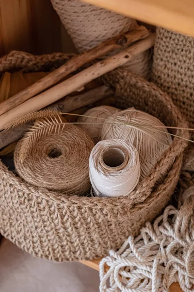 Macramé Algodón Cuerdas Cáñamo Madejas Ganchillo Objetos Artesanales Malla Una — Foto de Stock