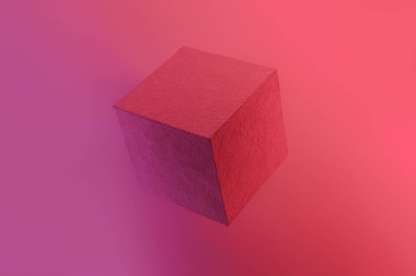 Canlı neon renkli geometrik küp figürü. Canlı pembe ve kırmızı gradyanlar, geometrik şekil, soyut kavram