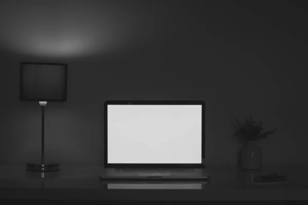 Dark Home Office Desk Night Lit Lamp Laptop Screen Clean — Stock Photo, Image
