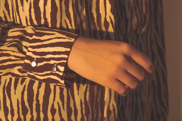 Menschenhand Abendsonne Schickes Hemd Frauenkörperteile Modische Designer Zebramuster — Stockfoto