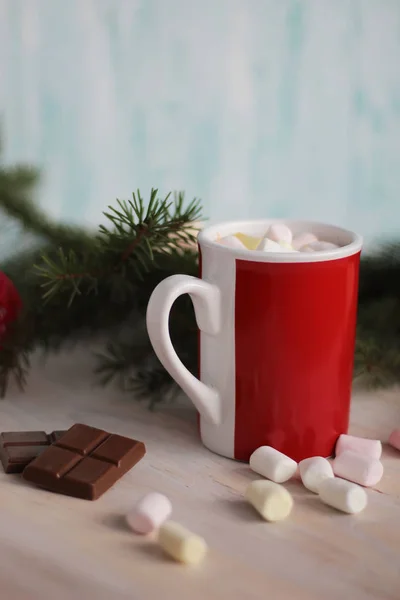 Hot cocoa with marshmallows and chocolate on table — Stock Photo, Image