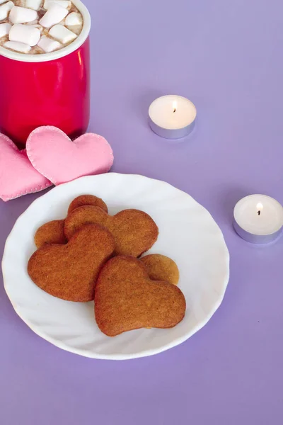 Gingerbread cookies, cup of cocoa Valentines day