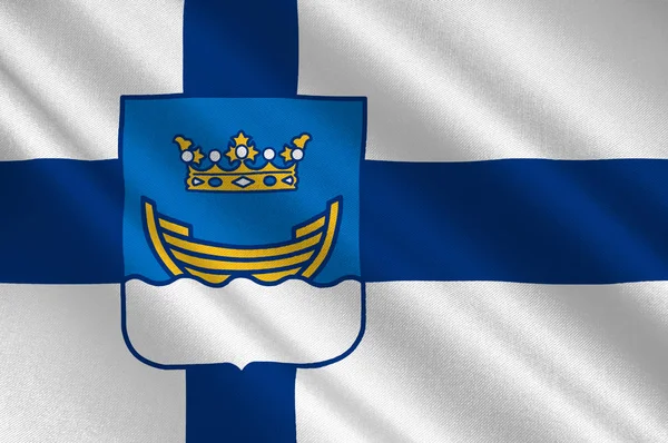 Bandera de Helsinki es la capital y la ciudad más grande de Finlandia — Foto de Stock