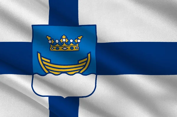 Bandera de Helsinki es la capital y la ciudad más grande de Finlandia — Foto de Stock