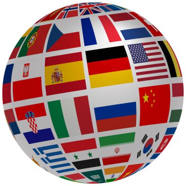 Dünya ülkelerinin bayraklarından gelen 3 boyutlu Globe bir koronovirüs enfeksiyonu. Coronovirus haritası. Vektör illüstrasyonu