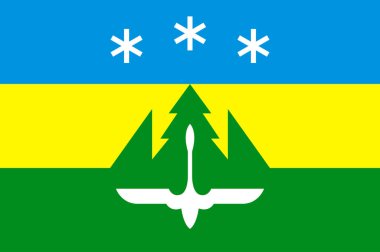 Khanty-Mansiysk bayrağı, Rusya 'nın Khanty-Mansi Özerk Okrug eyaletinin yönetim merkezidir. Vektör illüstrasyonu