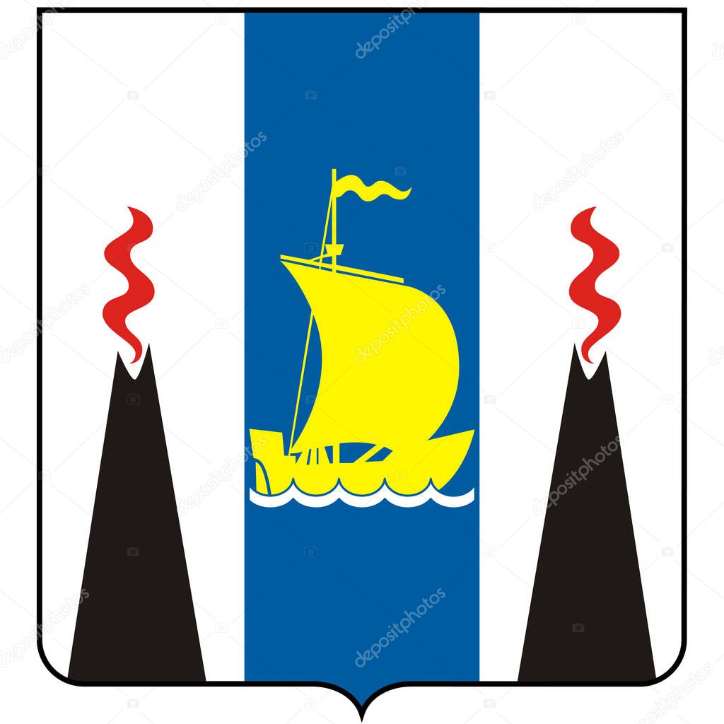 Coat of arms of Sakhalin Oblast is a federal subject of Russia comprising the island of Sakhalin and the Kuril Islands in the Russian Far East. Vector illustration