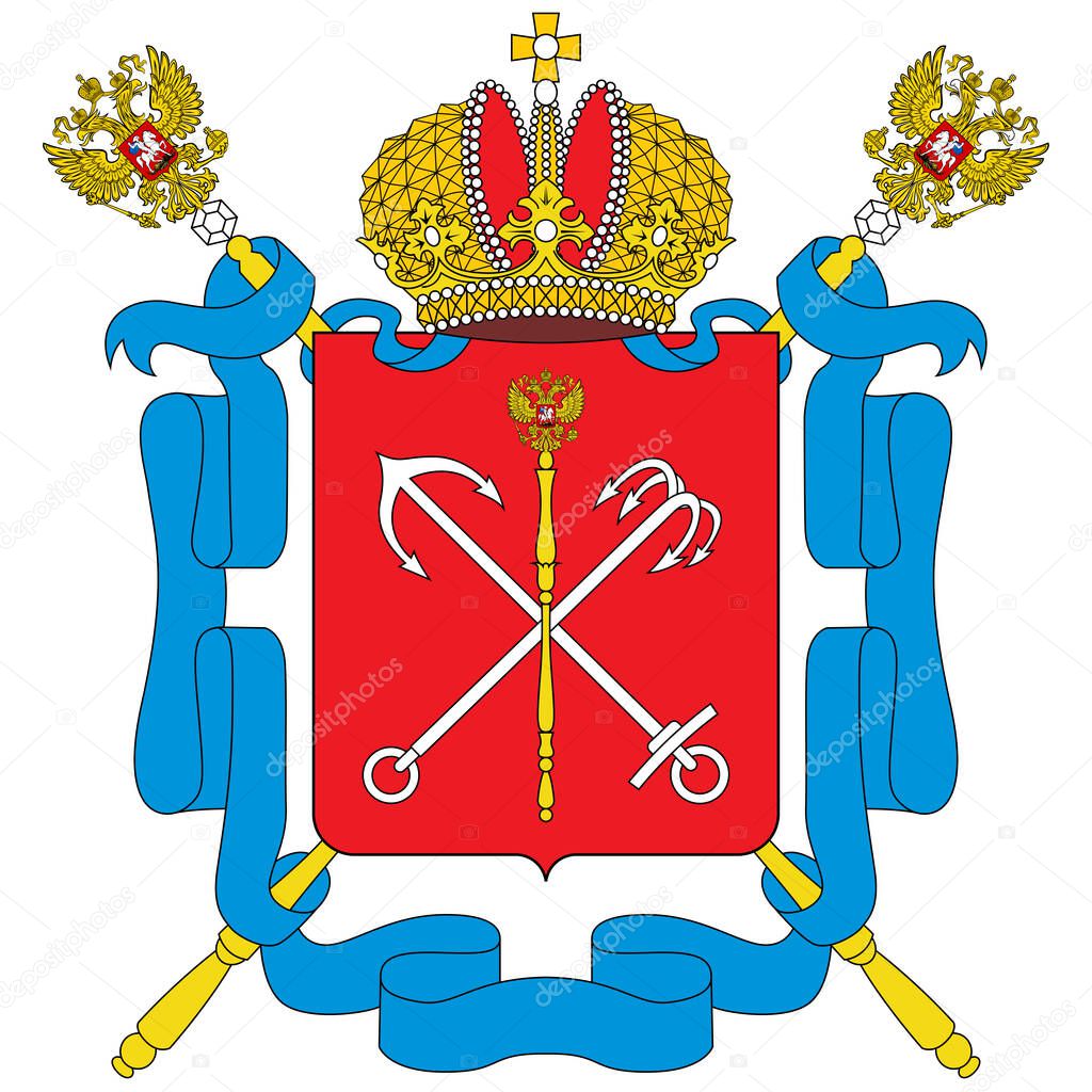 Coat of arms of Saint Petersburg is situated on the Neva River, at the head of the Gulf of Finland on the Baltic Sea. Vector illustration
