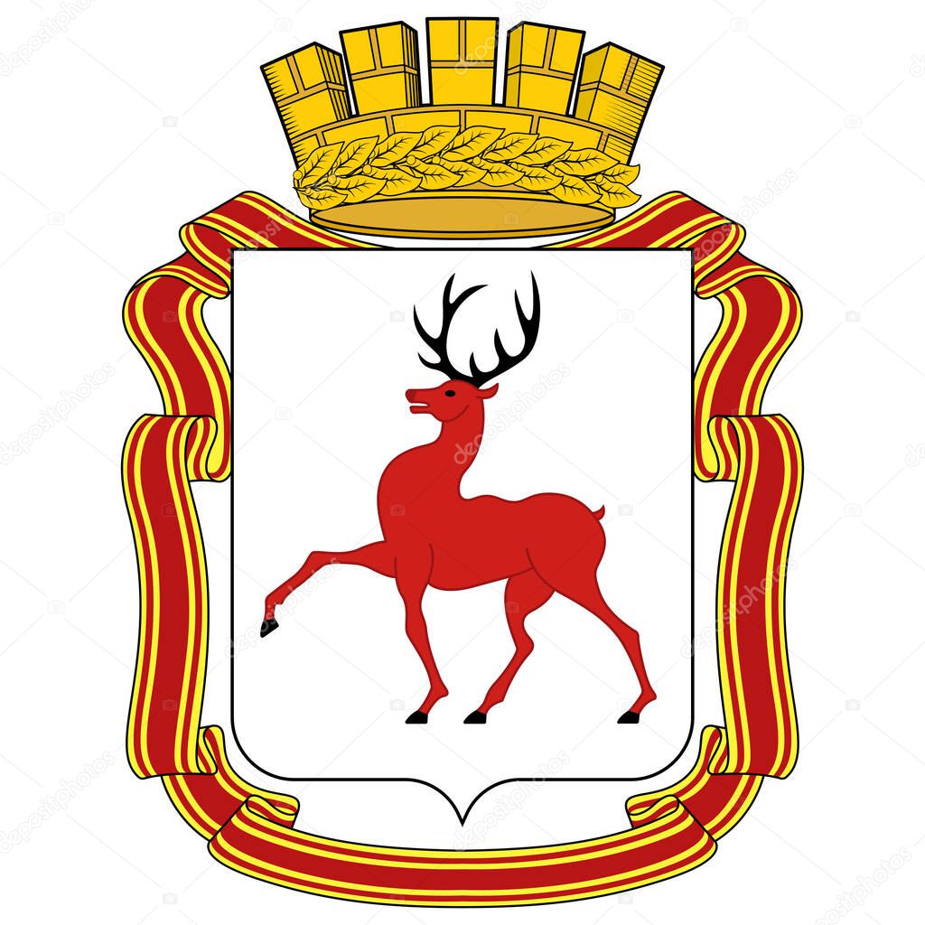 Coat of arms of Nizhny Novgorod is a city in Russia and the administrative center of Volga Federal District and Nizhny Novgorod Oblast. Vector illustration