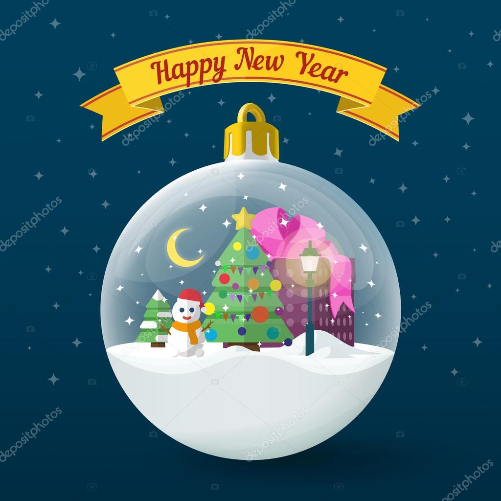 Transparent Christmas ball on dark blue background Vector illustration for the website ads banners Christmas tree snowman lamp post and box with ts