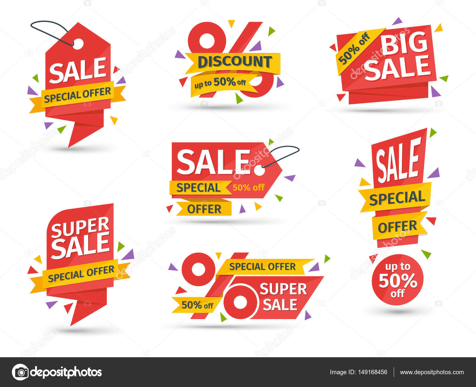 Set of red colored stickers and banners. Big set of beautiful discount