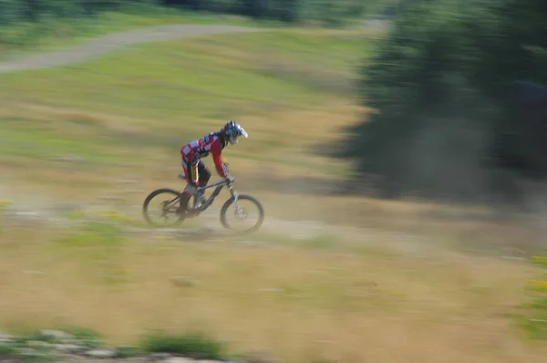 Zawoja, Polonya - 17 Ağustos 2013. Yokuş aşağı. Bilinmeyen bisikletçi hızlı bisiklet sürme.