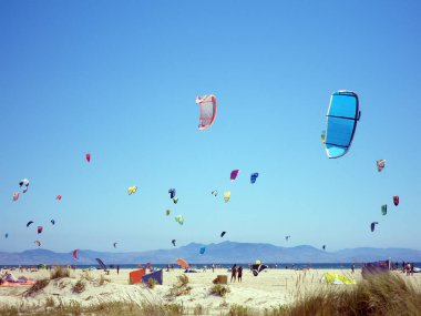 Kitesurfers Tarifa güzel plaj üzerinde. İspanya