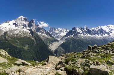 Mont Blanc massif Haziran ayında güneşli bir günde. Alpler.