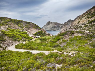 Sardunya bölgesindeki Cala Fico Koyu 'ndaki San Pietro adasında yeşil bitki örtüleri, tepeler ve uçurumlar arasındaki güzel vahşi doğa manzarası, İtalya tatilleri