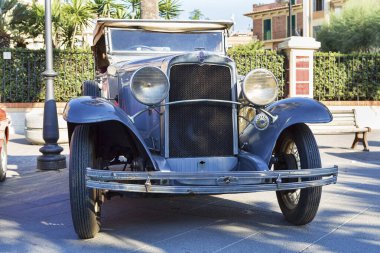 Rome,Italy - July 21, 2019:Rome l city Rally event, an exhibition of vintage cars with beautiful blue light car model Chevrolet Series AC International  manufactured by american Chevrolet in 1929