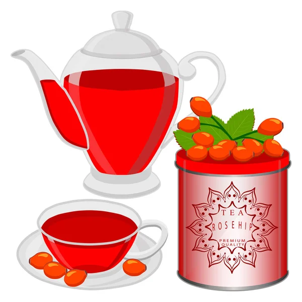 Vector illustration logo for home tea cup rosehip — Stock Vector