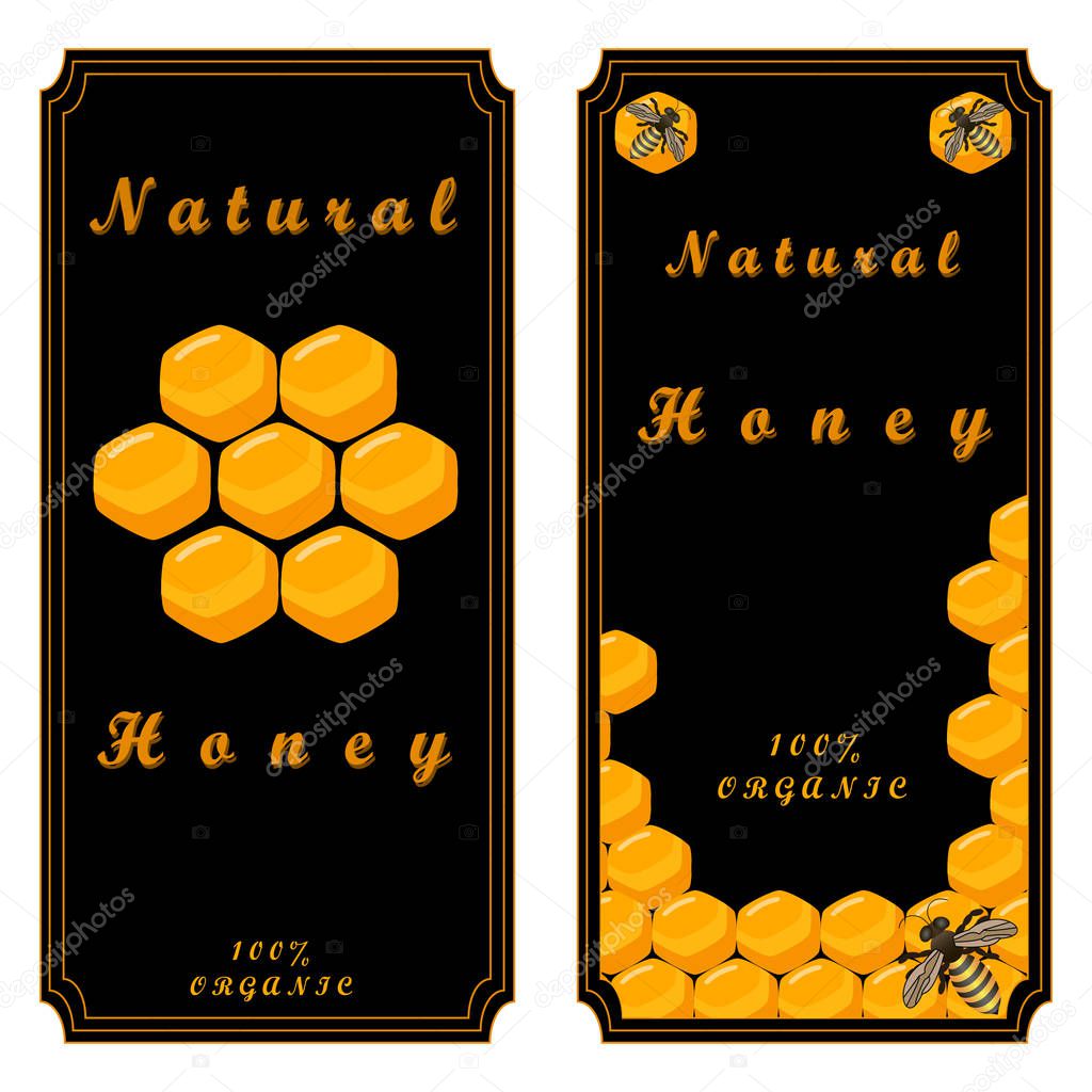 Vector illustration of logo for the theme bee eat honey, yellow honeycomb, background animal.Honey drawing pattern consisting of label, tag, food wax, honeycombs beeswax, live insect, healthy.Bees do honeys.