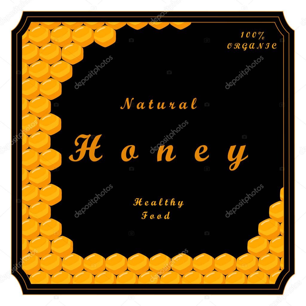 Vector illustration of logo for the theme bee eat honey,yellow honeycomb,background animal.Honey drawing pattern consisting of label,tag,food wax,honeycombs beeswax,live insect,healthy.Bees do honeys.