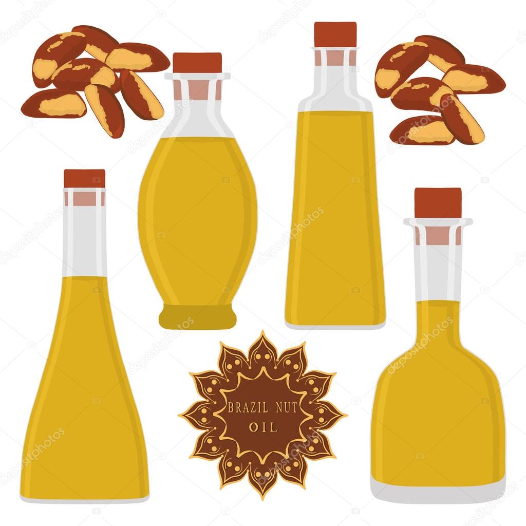 Abstract vector illustration logo glass bottles oil, plastic bottle with cap, oils in jars.