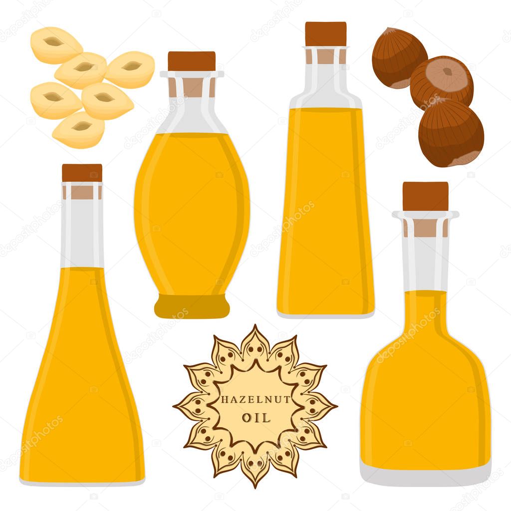 Abstract vector illustration logo glass bottles oil, plastic bottle with cap, oils in jars.