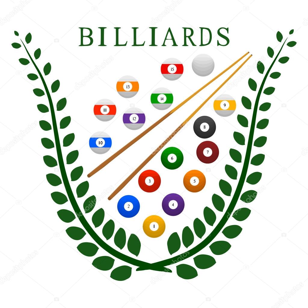 Abstract vector illustration logo game billiards, flying colored balls, snooker cue.