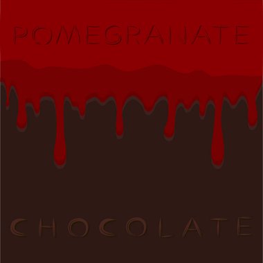 Vektör çizim logo kırmızı meyve nar damlama kahverengi çikolata üzerinde soyut. 