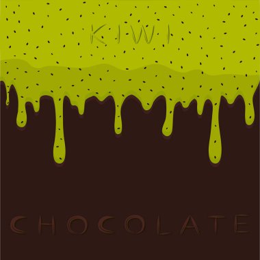 Vektör çizim logo yeşil meyve kivi damlama kahverengi çikolata üzerinde soyut.