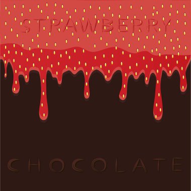 Vektör çizim logo kırmızı çilek berry damlama kahverengi çikolata üzerinde soyut. 