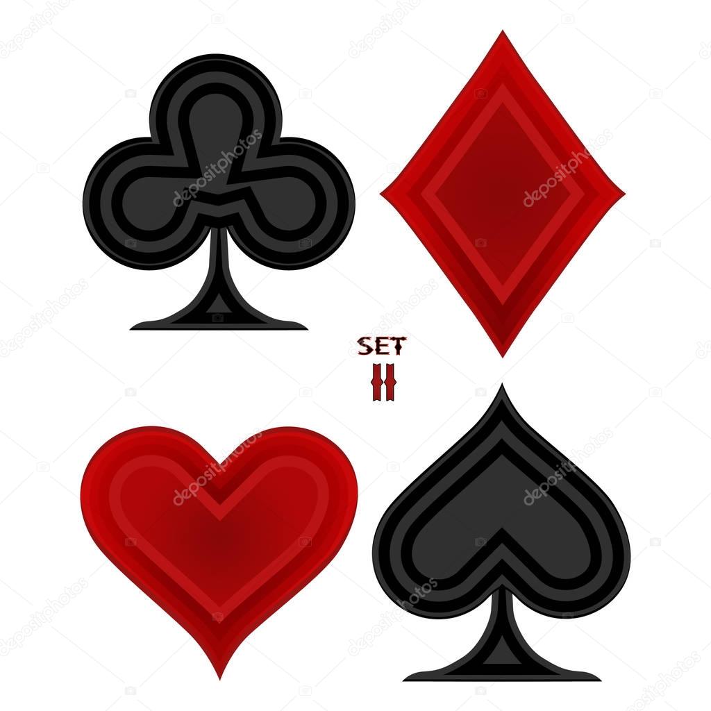 Abstract vector illustration logo for set playing cards in gamble poker. Poker pattern consisting of black spades ace, red heart, diamond card, clubs icon casino. Gamble pokers emblem gambling games.